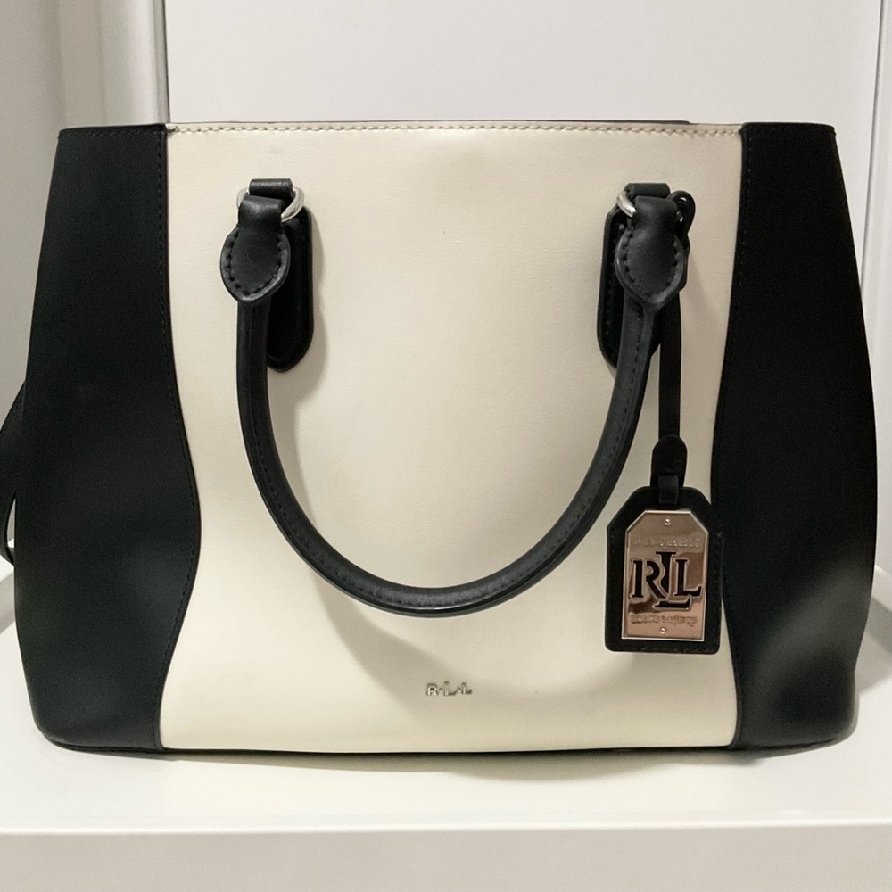Lauren by Ralph Lauren Black and White Leather Satchel Tote Bag